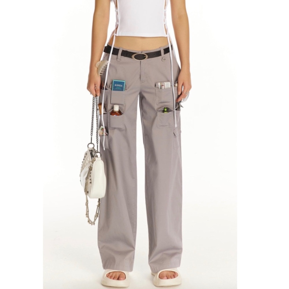 The Kript Dolls Kill Mateo Low Waist Wide Leg Grey Cargo Pants Ten Pockets XS